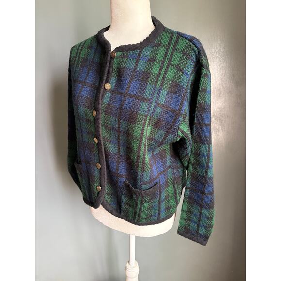 Vintage TALLY HO Women's Med Green Blue Plaid Tartan Wool Blend Cardigan Preppy - Picture 5 of 11
